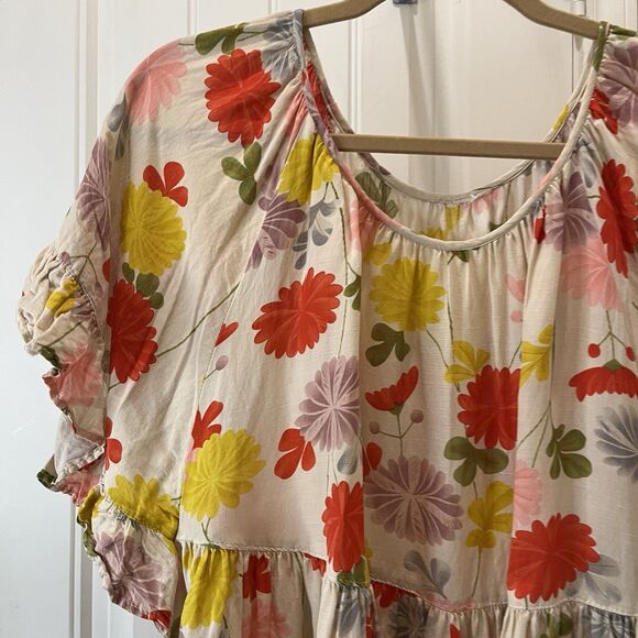 Womens Floral Cream Orange Yellow Ruffle Short Sleeve Top Size XL Linen Blend - Picture 2 of 8